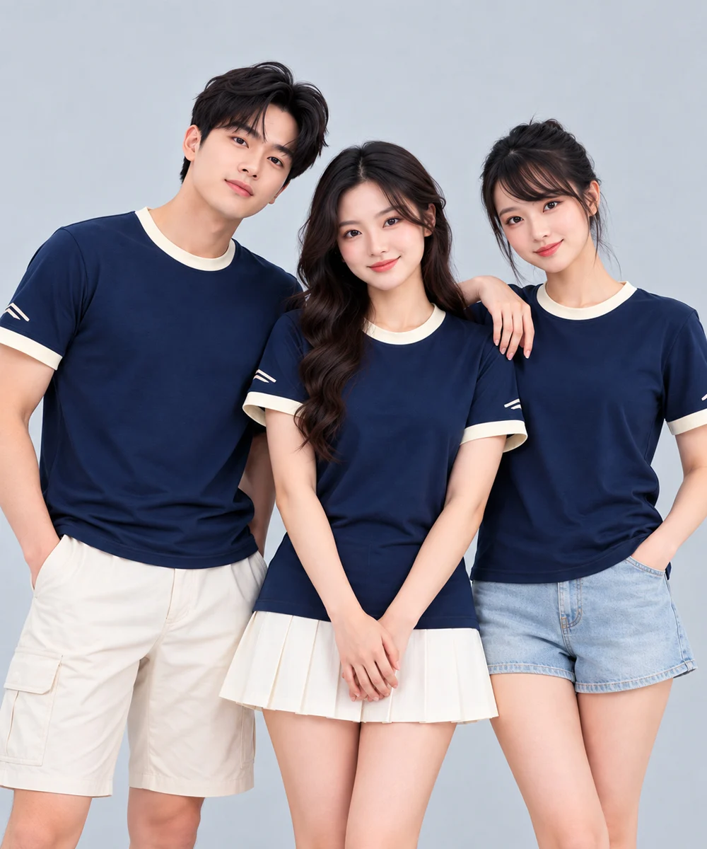 Áo Thun Đồng Phục Cổ Tròn Màu Xanh Navy Viền Kem Cổ và Tay