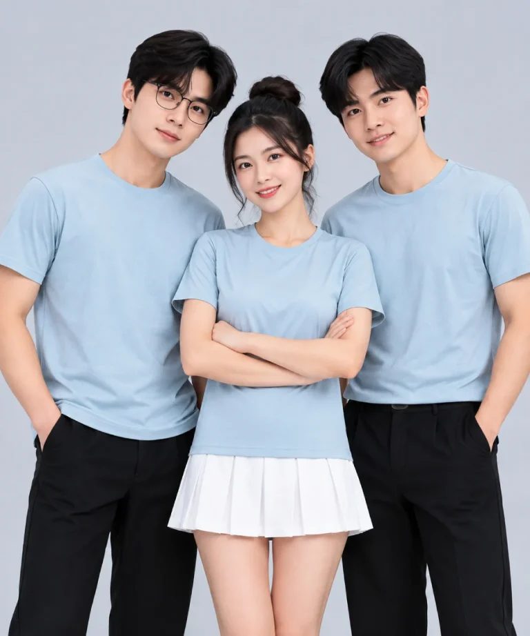 Áo Thun Đồng Phục Cổ Tròn Trơn Màu Xanh Pastel Nhạt