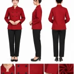 Áo bếp đồng phục dài tay màu đỏ cổ trụ 2 hàng nút