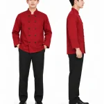Áo bếp đồng phục dài tay màu đỏ cổ trụ 2 hàng nút