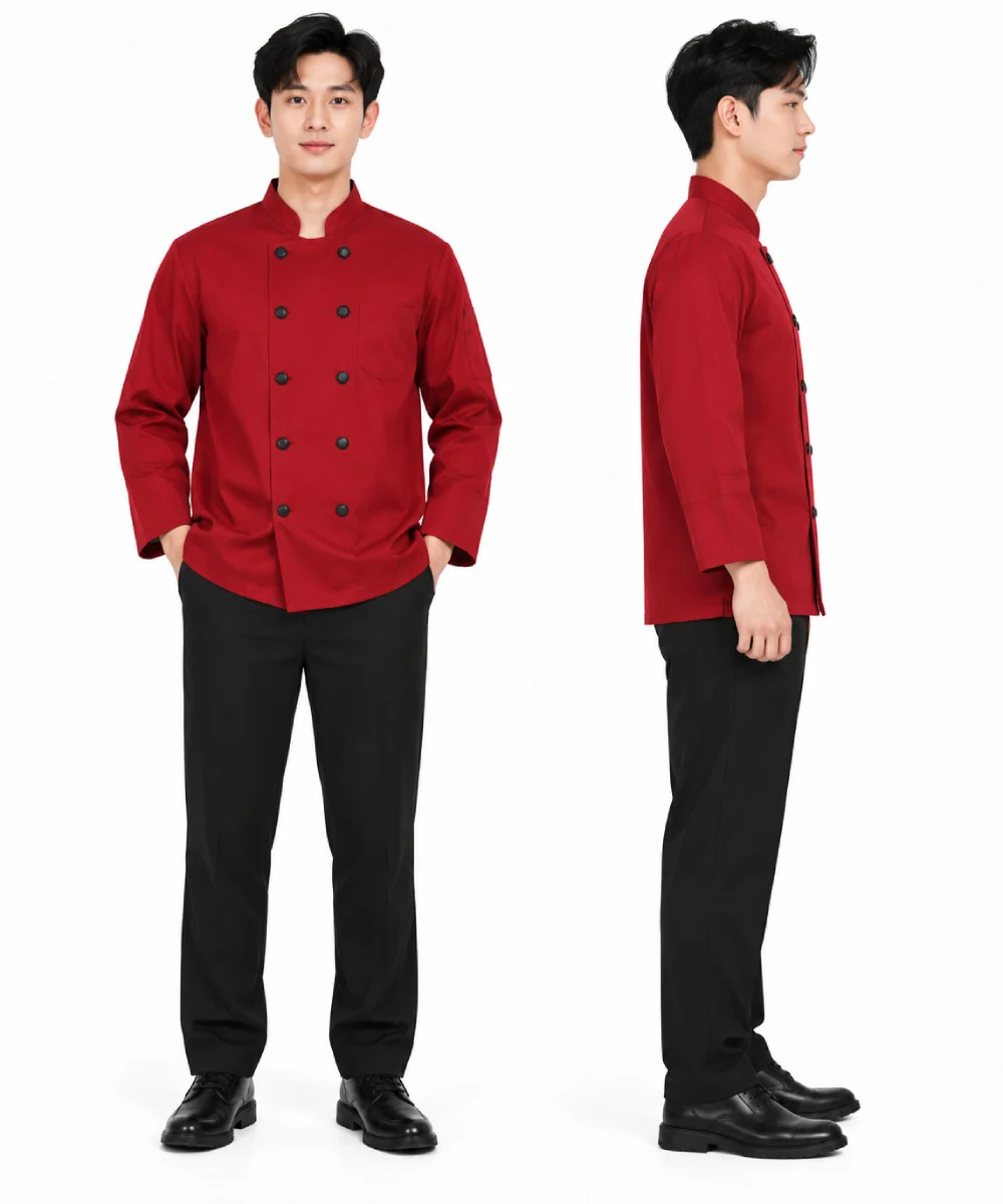 Áo bếp đồng phục dài tay màu đỏ cổ trụ 2 hàng nút