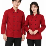 Áo bếp đồng phục dài tay màu đỏ cổ trụ 2 hàng nút
