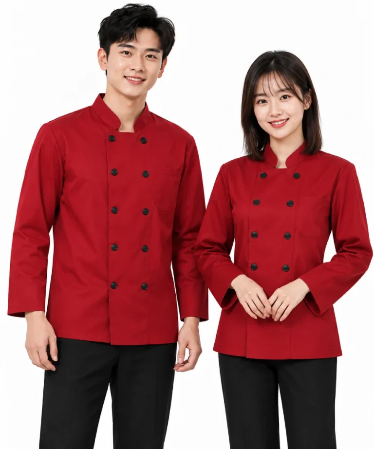 Áo bếp đồng phục dài tay màu đỏ cổ trụ 2 hàng nút