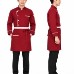 Áo bếp đồng phục dài tay màu đỏ viền cổ trắng
