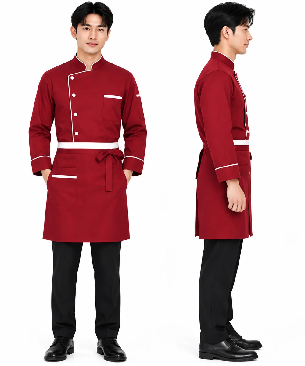 Áo bếp đồng phục dài tay màu đỏ viền cổ trắng