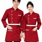 Áo bếp đồng phục dài tay màu đỏ viền cổ trắng