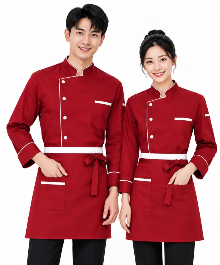 Áo bếp đồng phục dài tay màu đỏ viền cổ trắng
