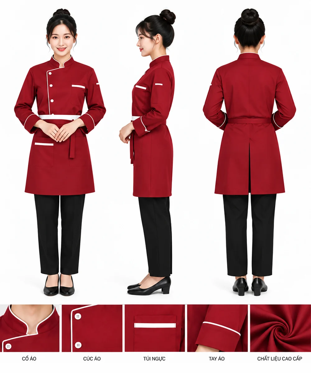 Áo bếp đồng phục dài tay màu đỏ viền cổ trắng