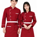 Áo bếp đồng phục dài tay màu đỏ viền cổ trắng