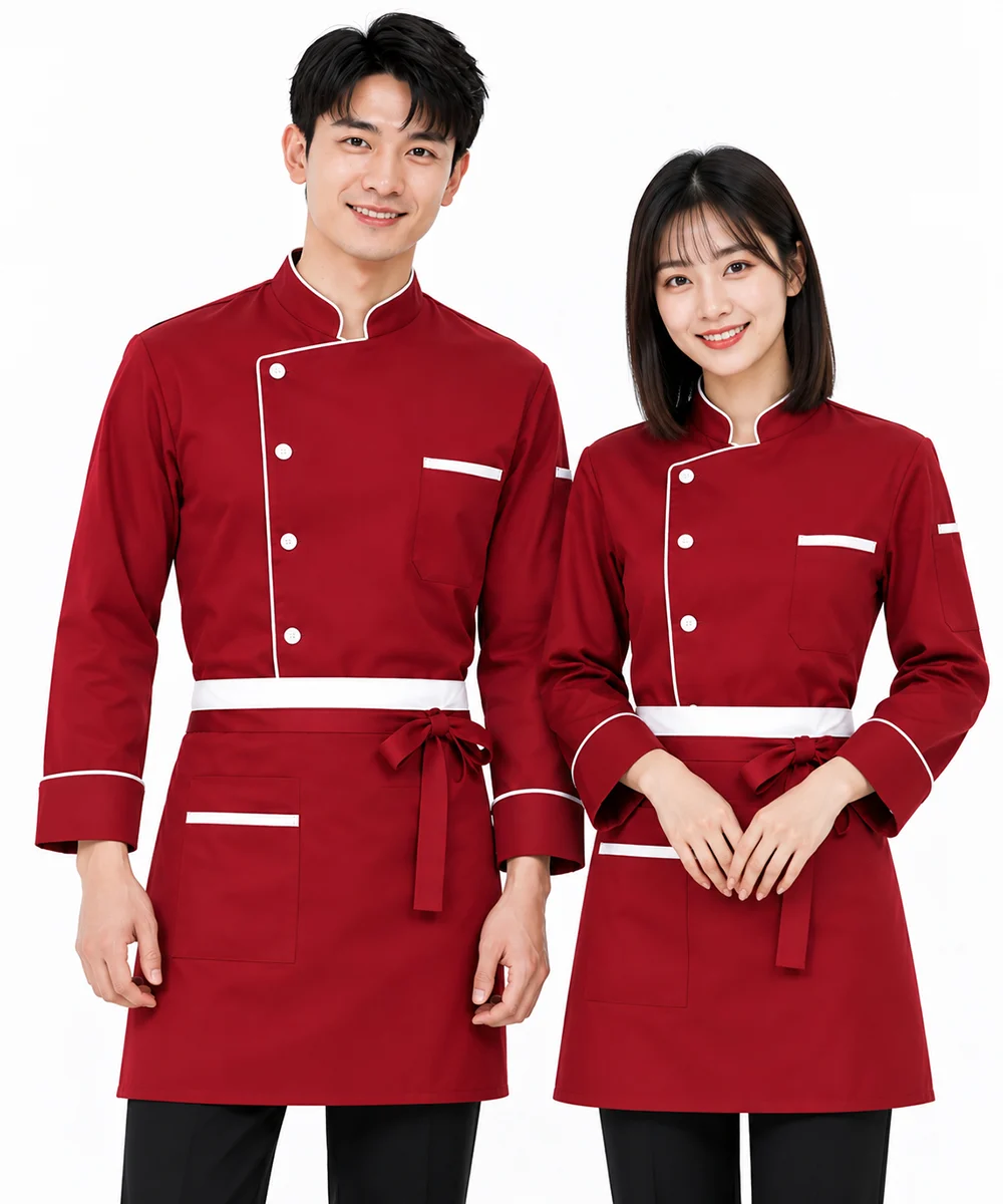 Áo bếp đồng phục dài tay màu đỏ viền cổ trắng