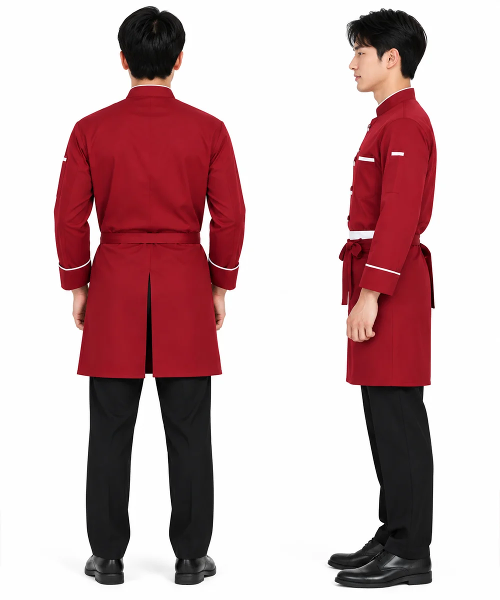 Áo bếp đồng phục dài tay màu đỏ viền cổ trắng