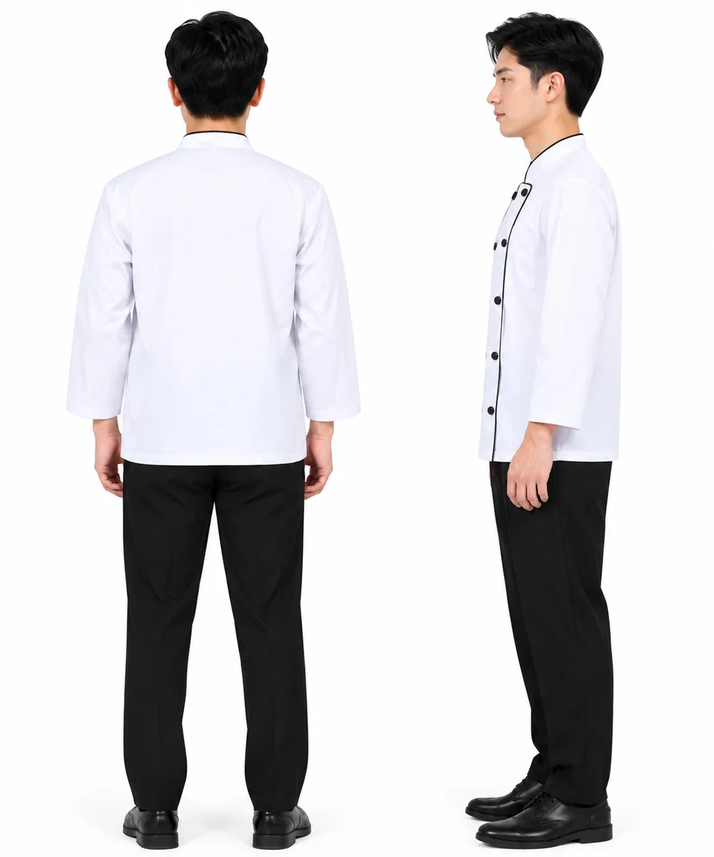 Áo bếp đồng phục dài tay màu trắng 2 hàng khuy viền đen