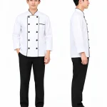 Áo bếp đồng phục dài tay màu trắng 2 hàng khuy viền đen