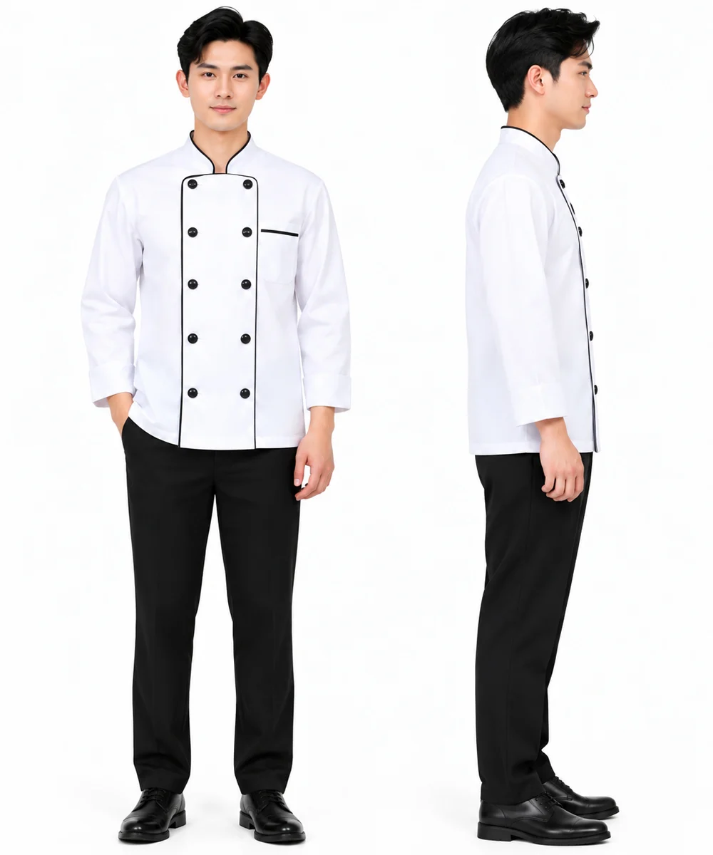 Áo bếp đồng phục dài tay màu trắng 2 hàng khuy viền đen