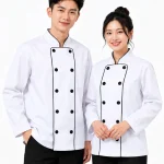 Áo bếp đồng phục dài tay màu trắng 2 hàng khuy viền đen