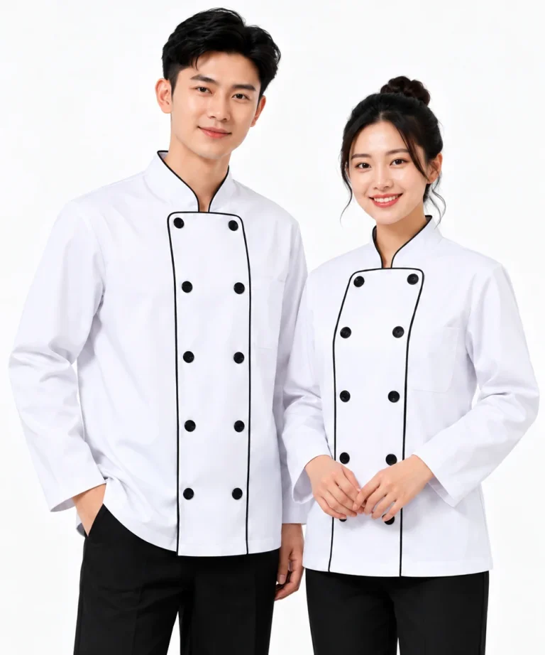 Áo bếp đồng phục dài tay màu trắng 2 hàng khuy viền đen