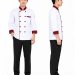 Áo bếp đồng phục dài tay màu trắng phối đỏ đô cổ trụ