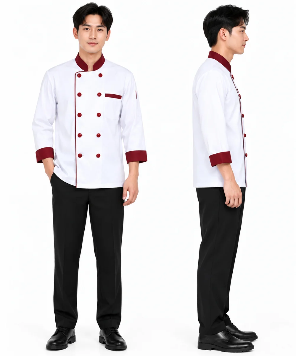 Áo bếp đồng phục dài tay màu trắng phối đỏ đô cổ trụ