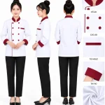 Áo bếp đồng phục dài tay màu trắng phối đỏ đô cổ trụ