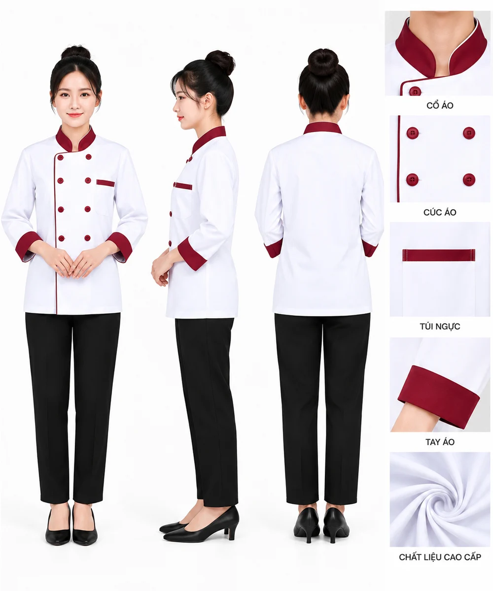 Áo bếp đồng phục dài tay màu trắng phối đỏ đô cổ trụ