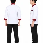 Áo bếp đồng phục dài tay màu trắng phối đỏ đô cổ trụ