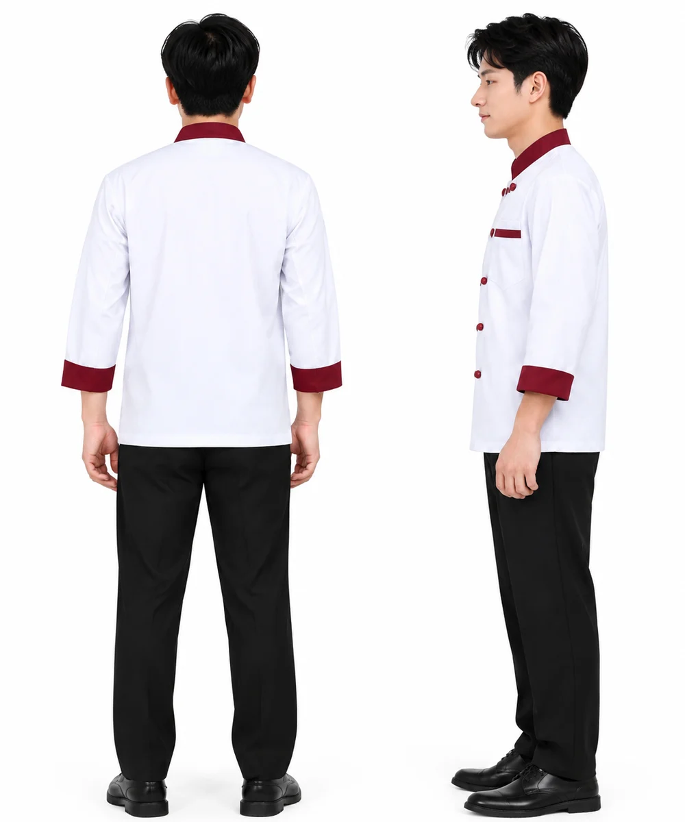 Áo bếp đồng phục dài tay màu trắng phối đỏ đô cổ trụ