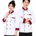 Áo bếp đồng phục dài tay màu trắng phối đỏ đô cổ trụ