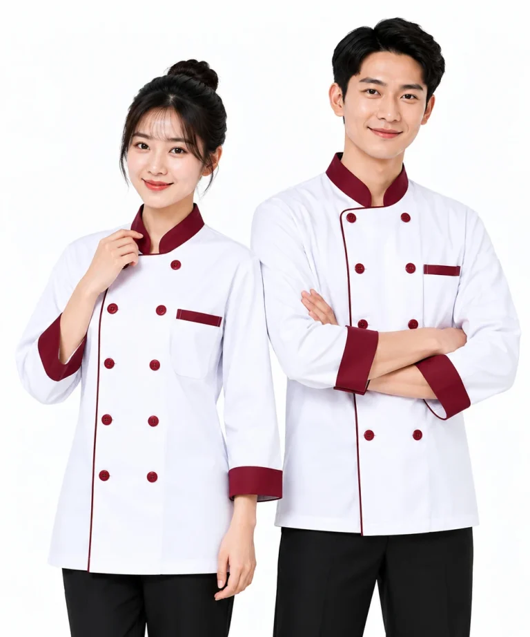 Áo bếp đồng phục dài tay màu trắng phối đỏ đô cổ trụ