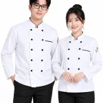 Áo bếp đồng phục dài tay màu trắng viền đen cổ trụ 2 hàng nút