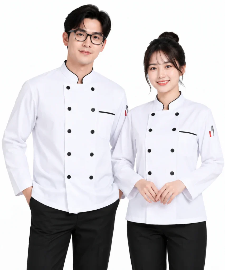 Áo bếp đồng phục dài tay màu trắng viền đen cổ trụ 2 hàng nút