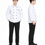 Áo bếp đồng phục dài tay màu trắng viền đen cổ trụ 2 hàng nút