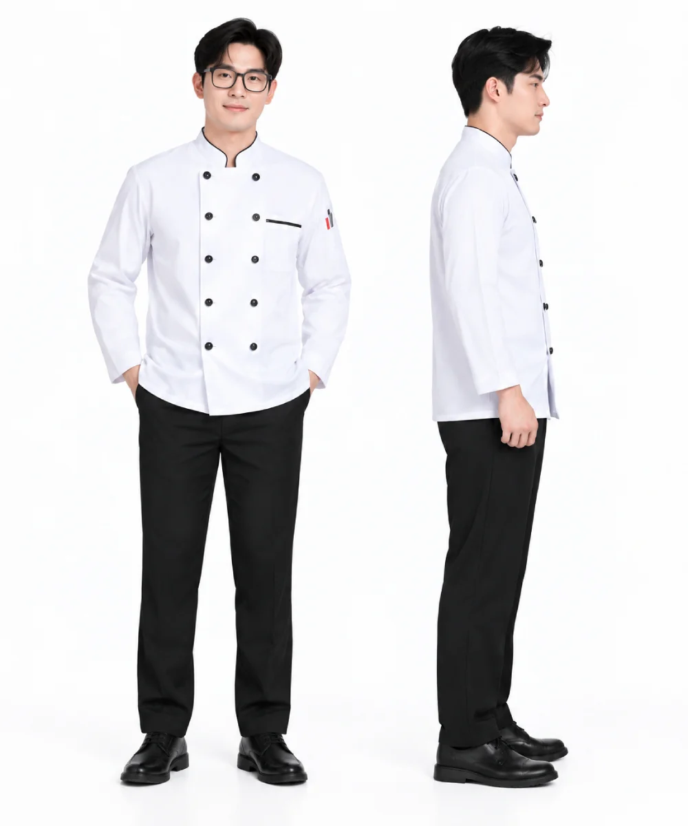Áo bếp đồng phục dài tay màu trắng viền đen cổ trụ 2 hàng nút