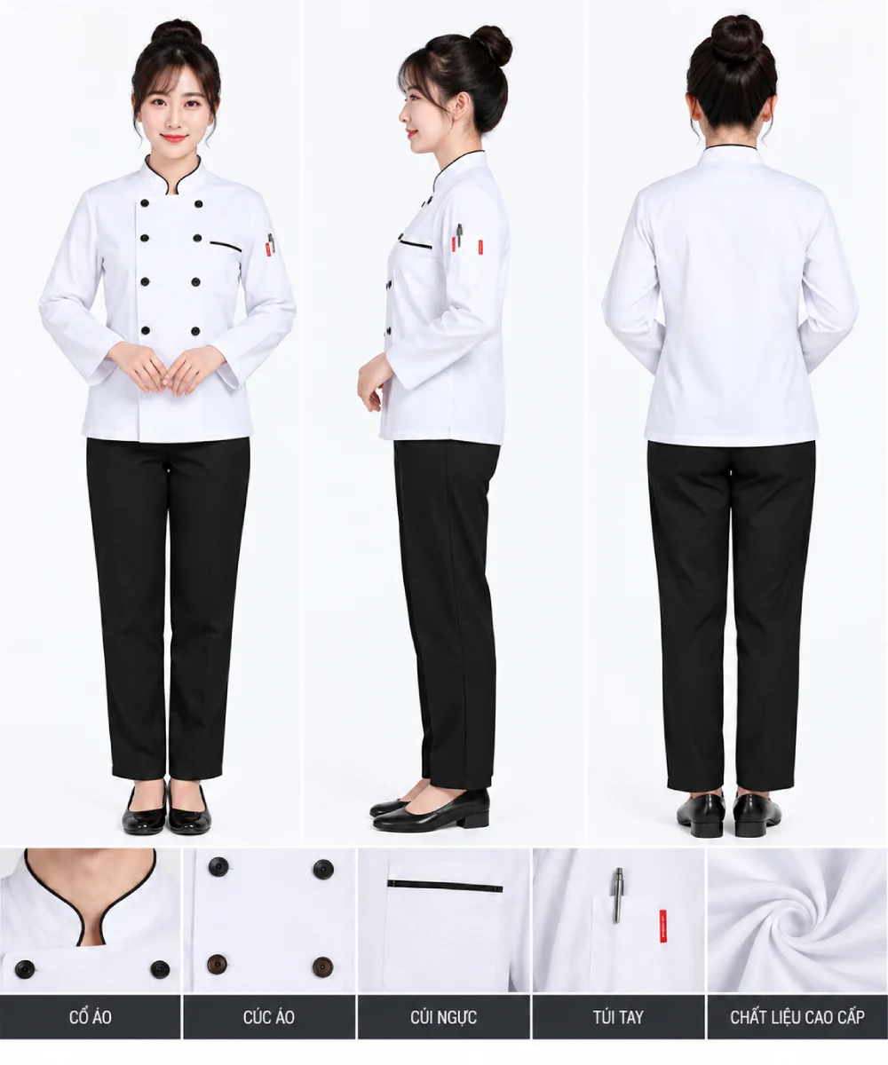 Áo bếp đồng phục dài tay màu trắng viền đen cổ trụ 2 hàng nút