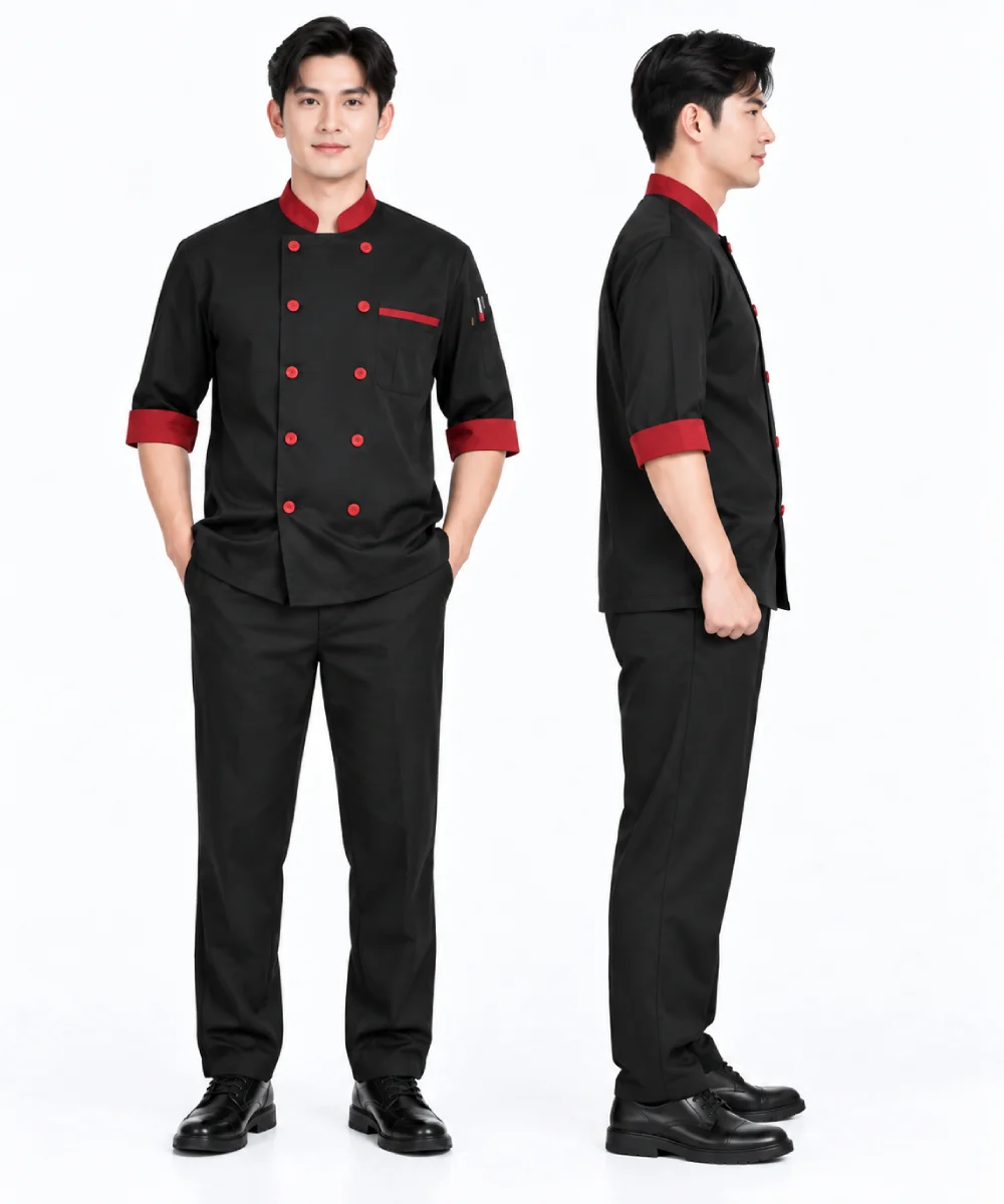 Áo bếp đồng phục màu đen phối đỏ cổ trụ 2 hàng nút tay lỡ