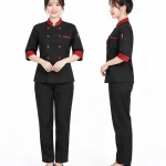 Áo bếp đồng phục màu đen phối đỏ cổ trụ 2 hàng nút tay lỡ