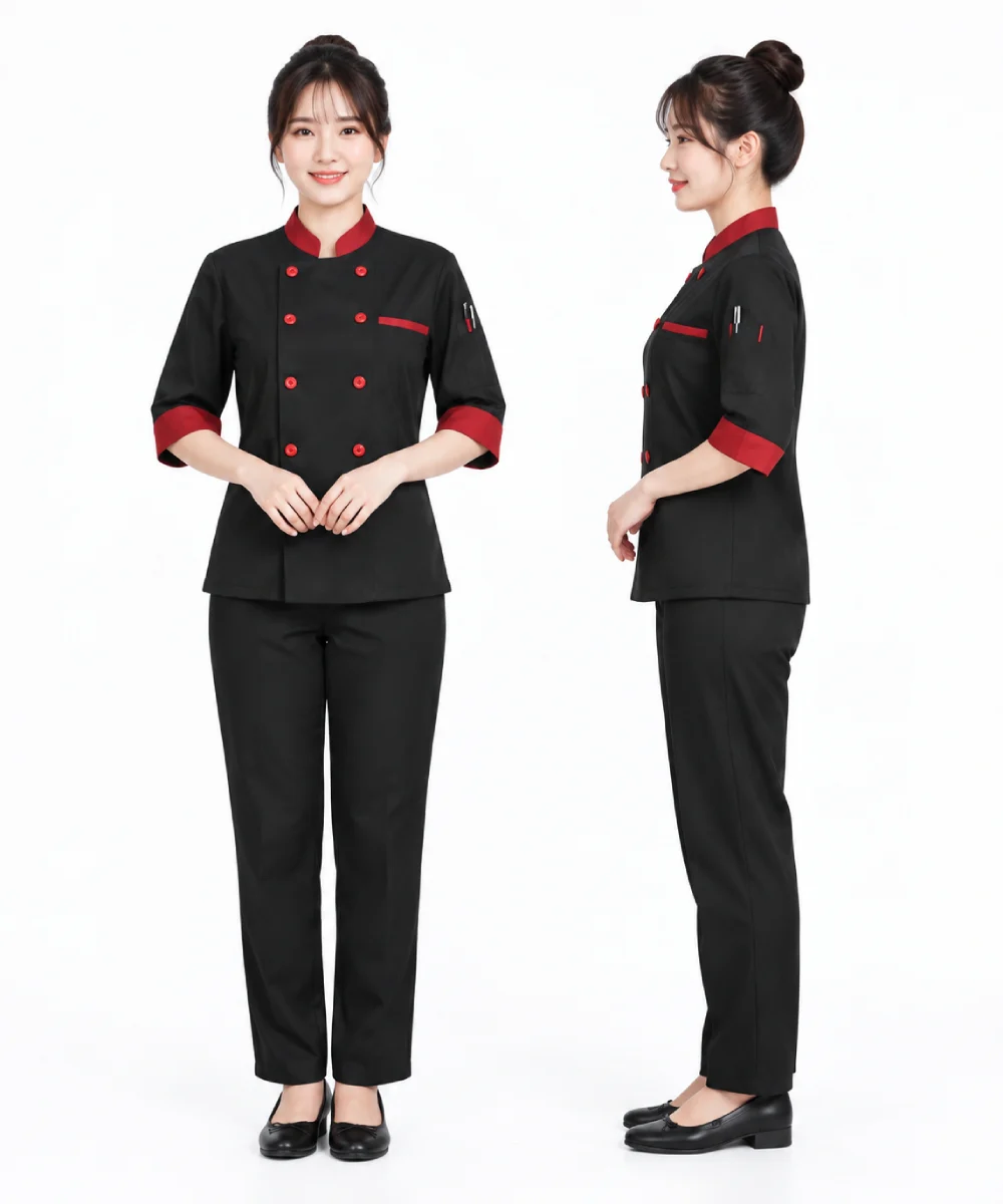 Áo bếp đồng phục màu đen phối đỏ cổ trụ 2 hàng nút tay lỡ
