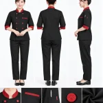 Áo bếp đồng phục màu đen phối đỏ cổ trụ 2 hàng nút tay lỡ