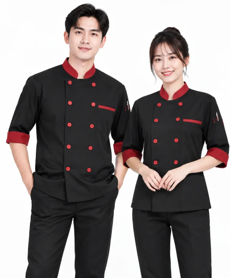 Áo bếp đồng phục màu đen phối đỏ cổ trụ 2 hàng nút tay lỡ