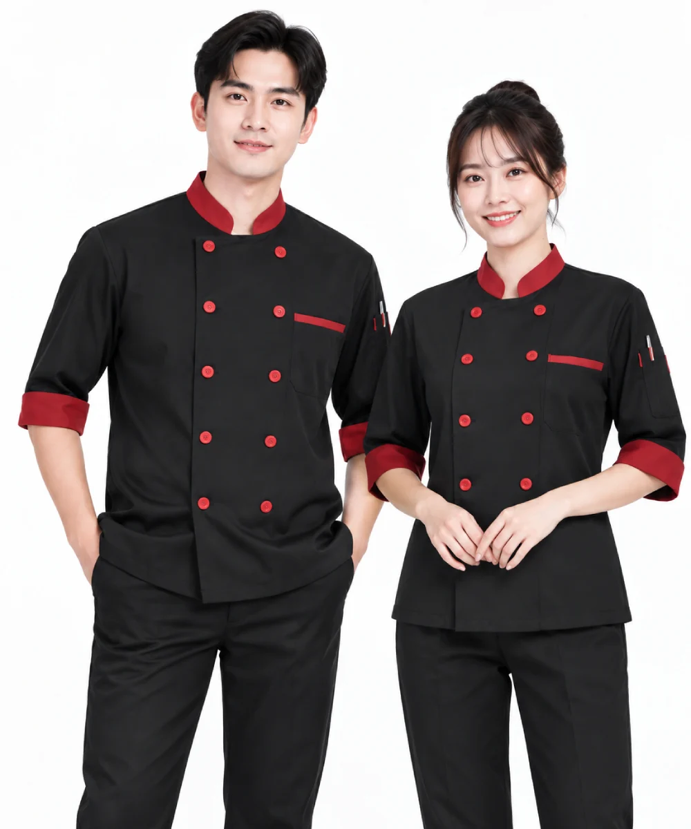Áo bếp đồng phục màu đen phối đỏ cổ trụ 2 hàng nút tay lỡ