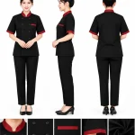 Áo bếp đồng phục màu đen tay ngắn cổ - viền tay đỏ đô