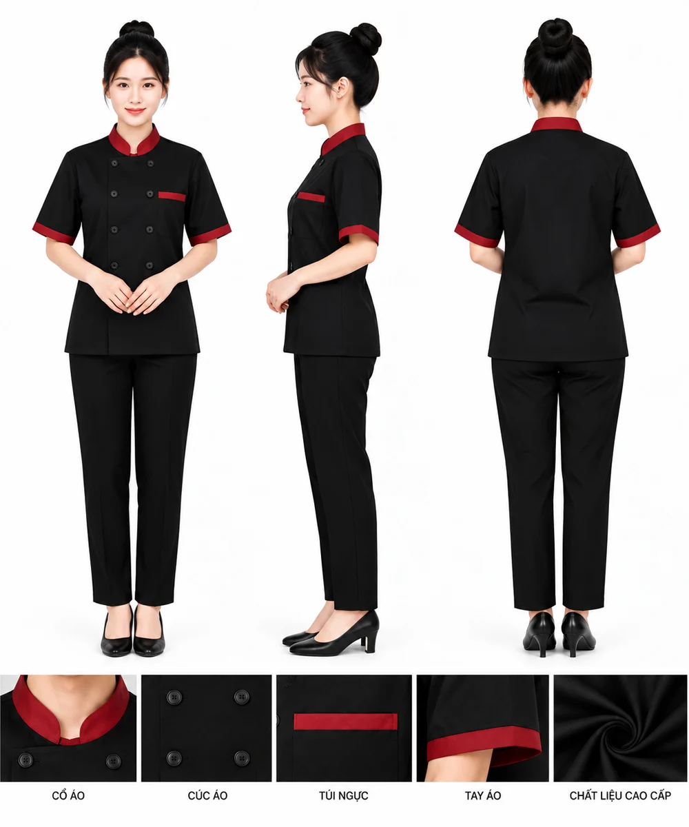 Áo bếp đồng phục màu đen tay ngắn cổ - viền tay đỏ đô