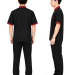 Áo bếp đồng phục màu đen tay ngắn cổ - viền tay đỏ đô