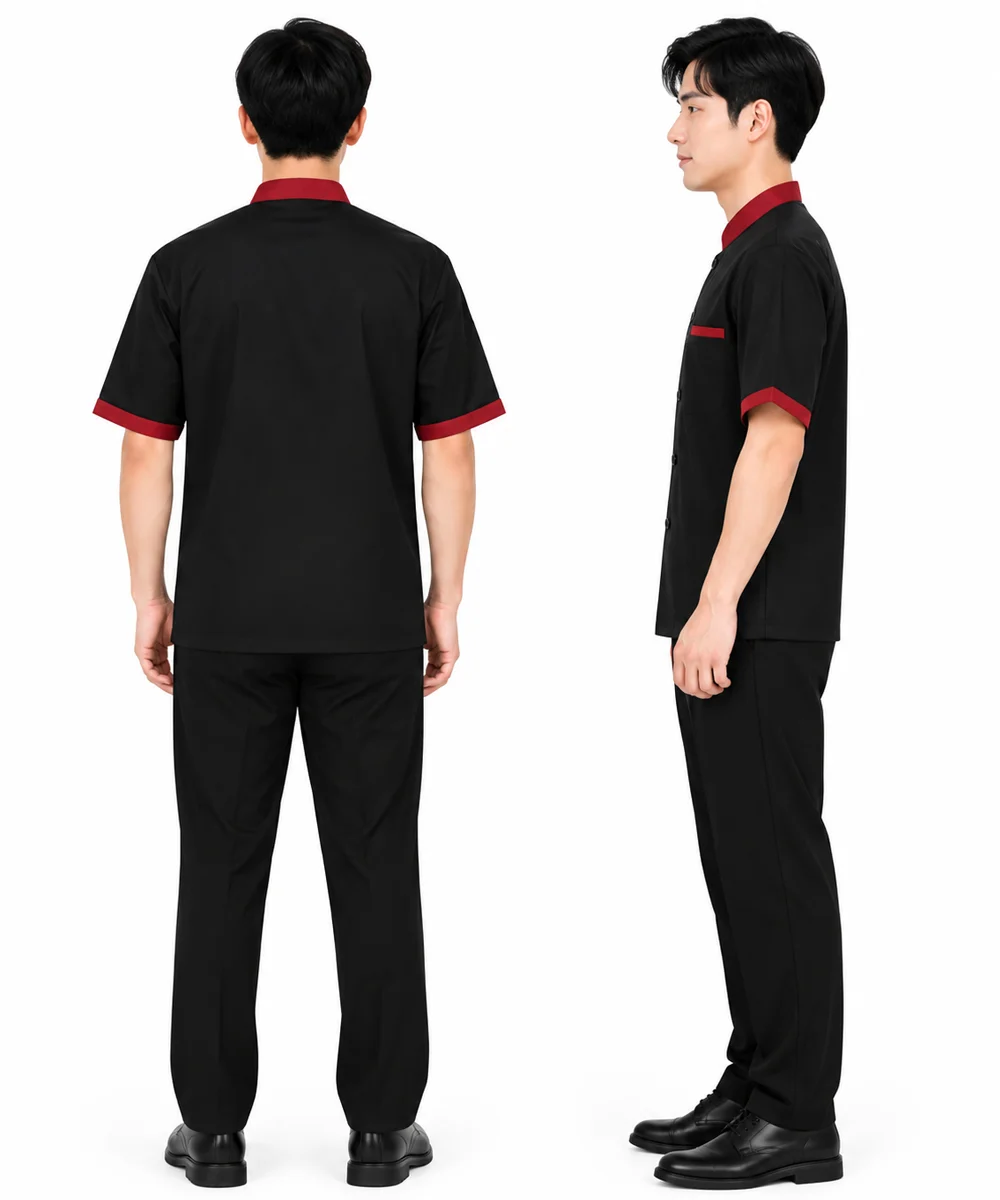 Áo bếp đồng phục màu đen tay ngắn cổ - viền tay đỏ đô