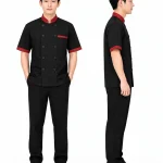 Áo bếp đồng phục màu đen tay ngắn cổ - viền tay đỏ đô