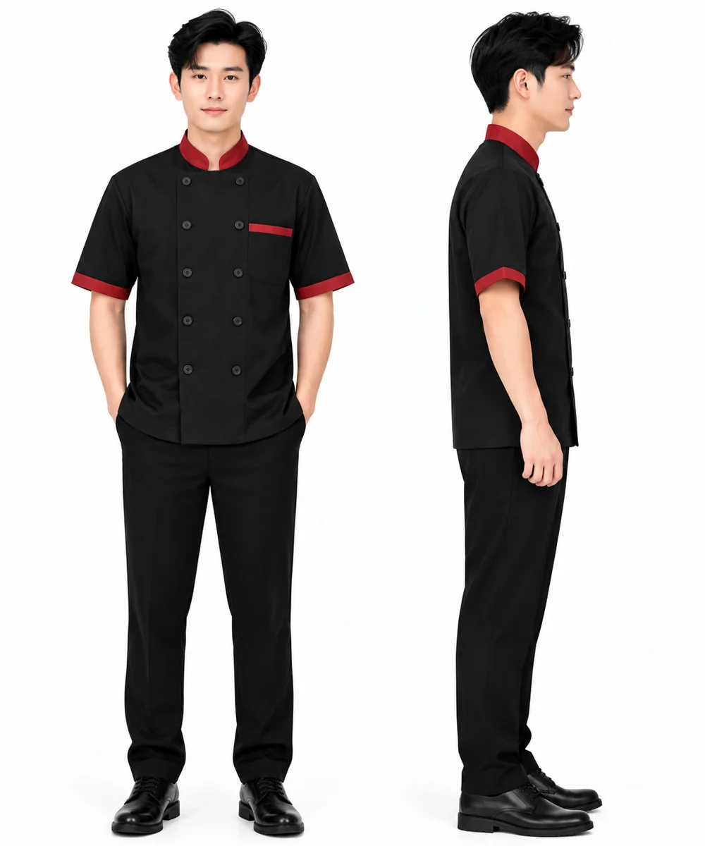 Áo bếp đồng phục màu đen tay ngắn cổ - viền tay đỏ đô