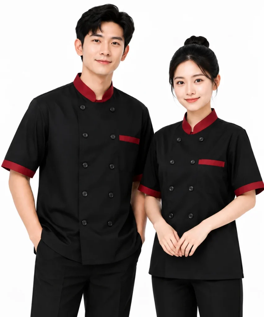 Áo bếp đồng phục màu đen tay ngắn cổ - viền tay đỏ đô