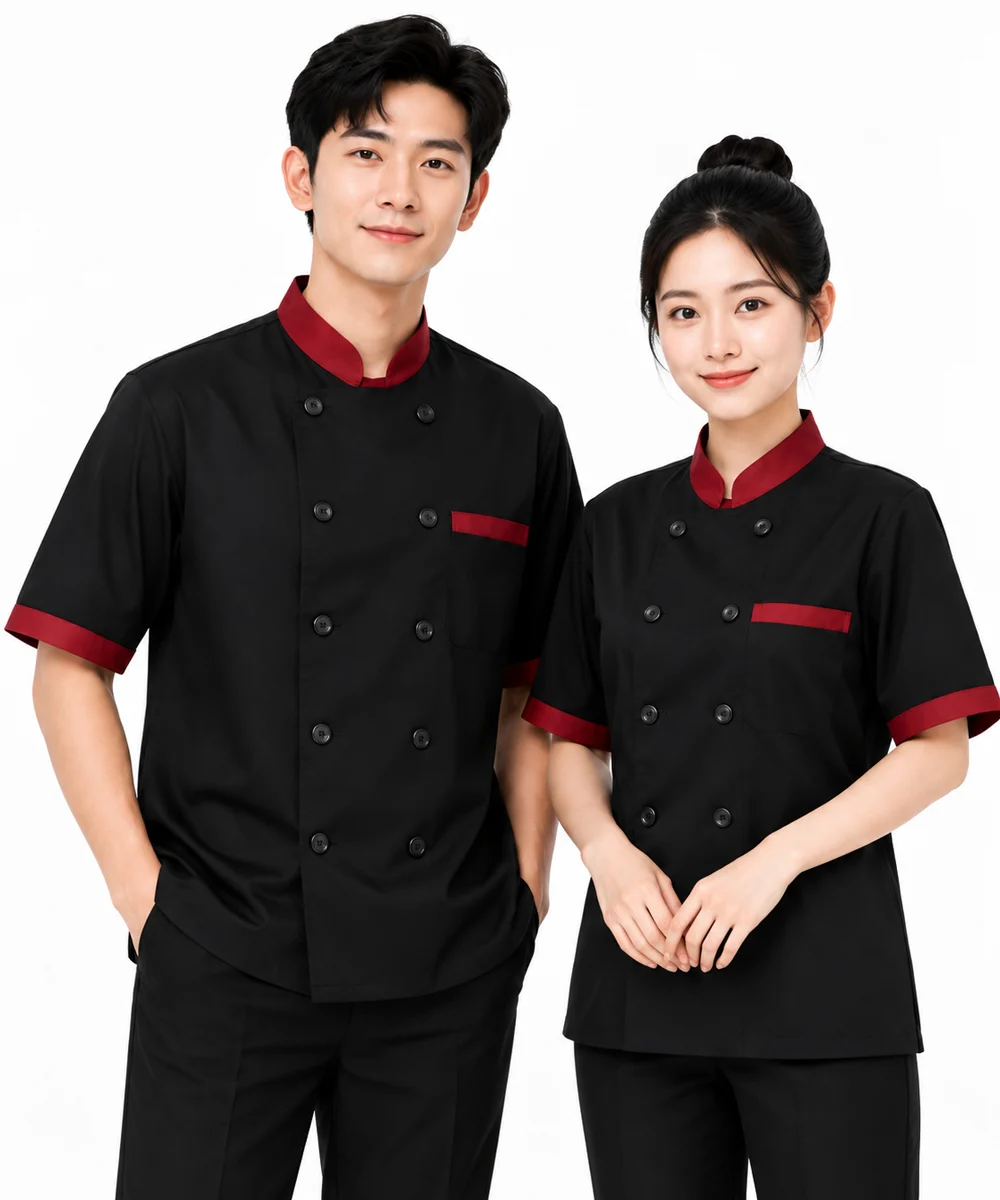 Áo bếp đồng phục màu đen tay ngắn cổ - viền tay đỏ đô