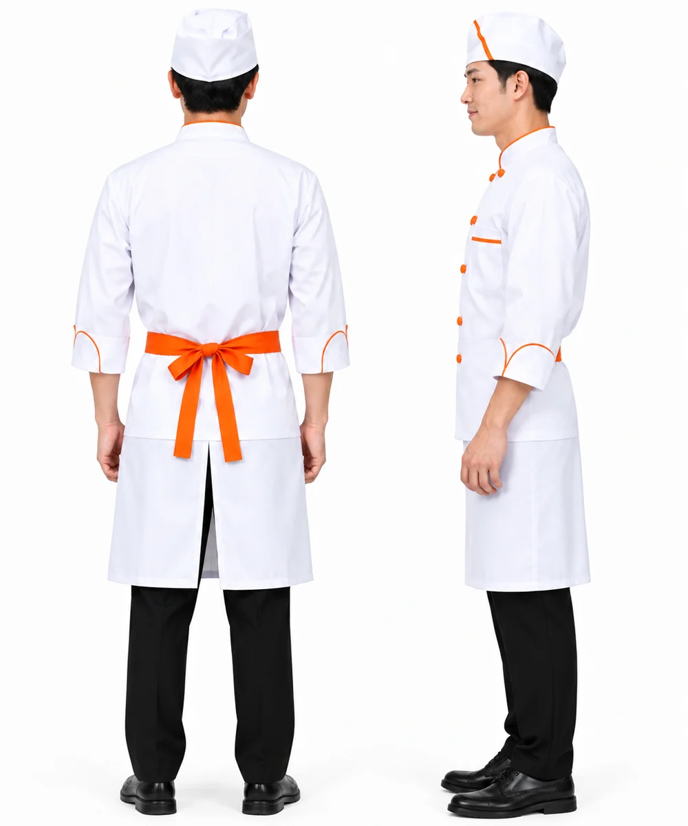 Áo bếp đồng phục màu trắng tay lửng phối cam 2 hàng khuy