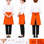 Áo bếp đồng phục màu trắng tay lửng phối cam 2 hàng khuy