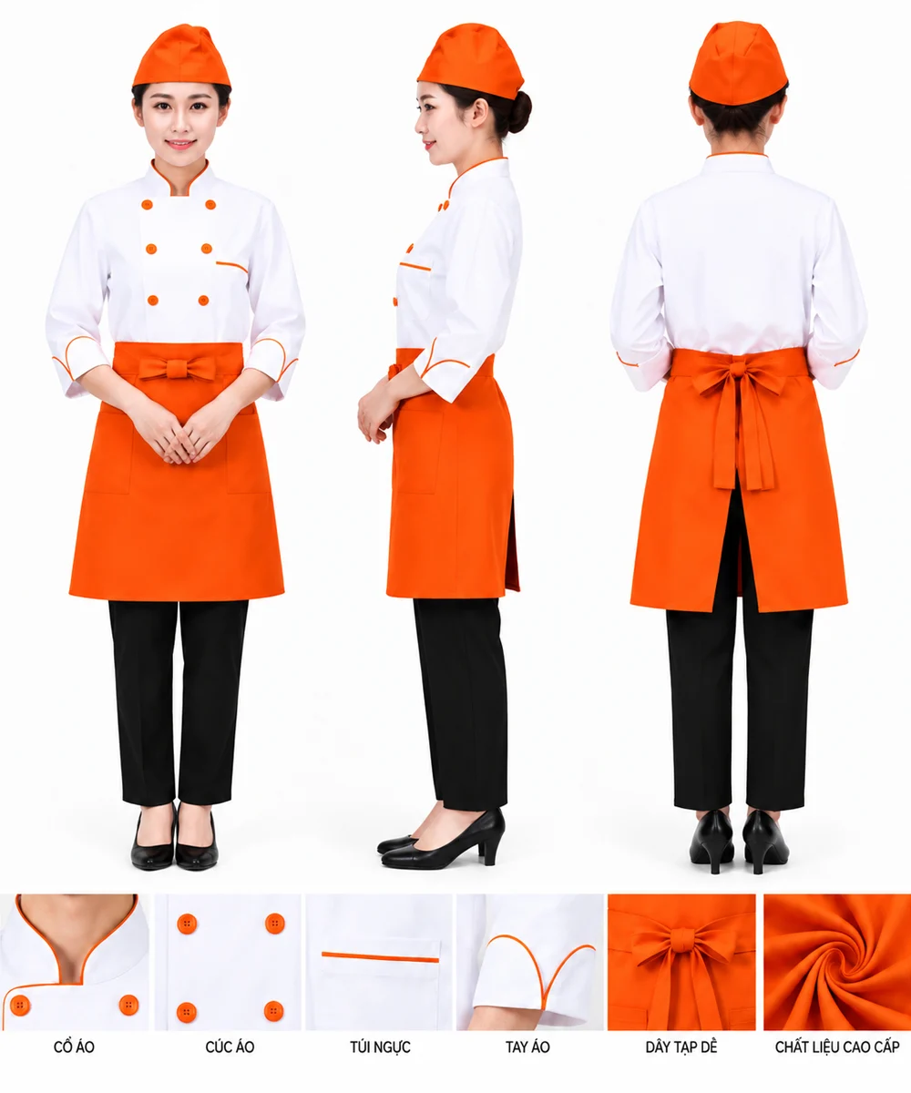 Áo bếp đồng phục màu trắng tay lửng phối cam 2 hàng khuy